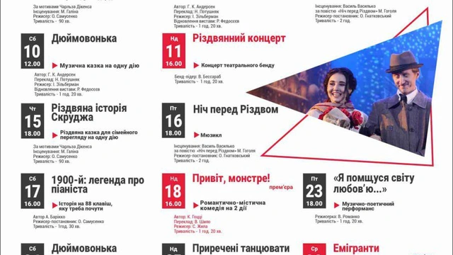 Репертуар Одеського українського театру імені Василька на січень 2026 року