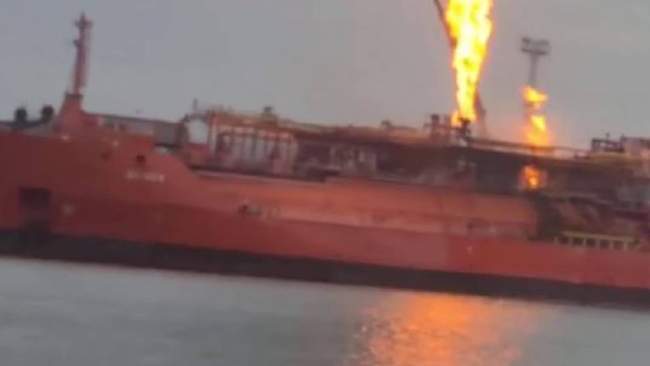 The ship is engulfed in flames. PHOTO: Digi24