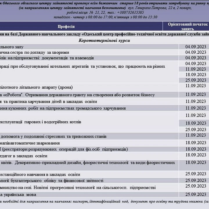 Графік навчання в одеському центрі зайнятості