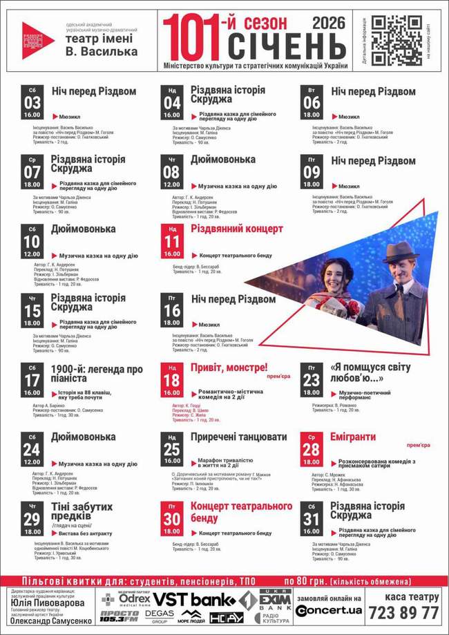 Репертуар Одеського українського театру імені Василька на січень 2026 року