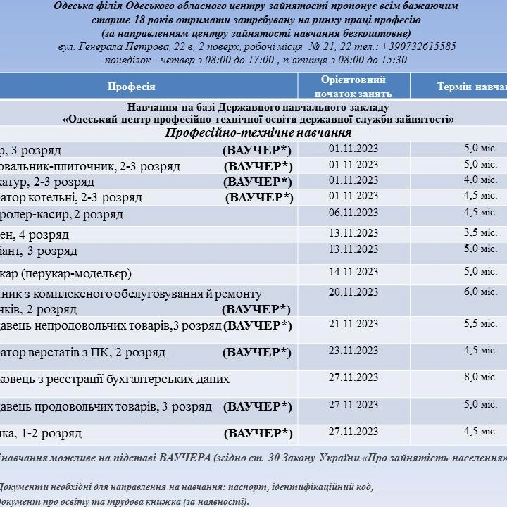 Графік навчання в одеському центрі зайнятості